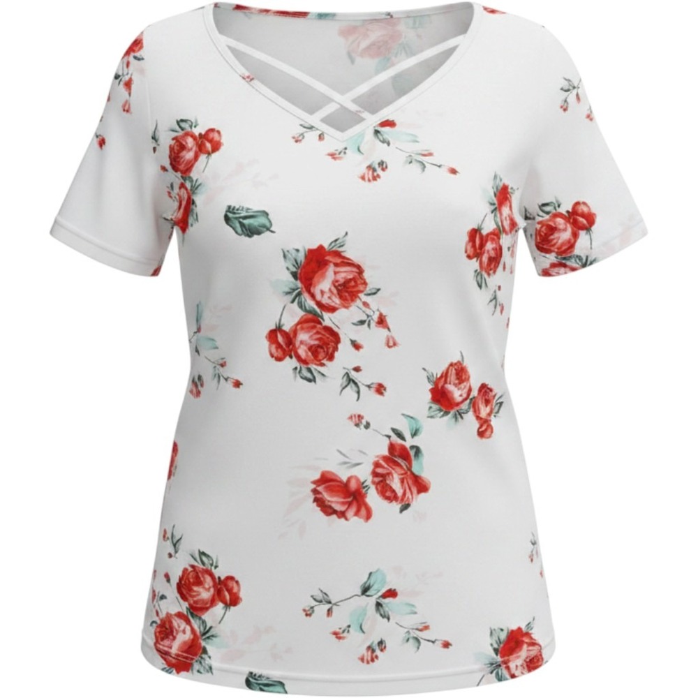 Bloomchic Womens Red Rose Floral Crisscross V-Neck Short Sleeve Top White 18-20